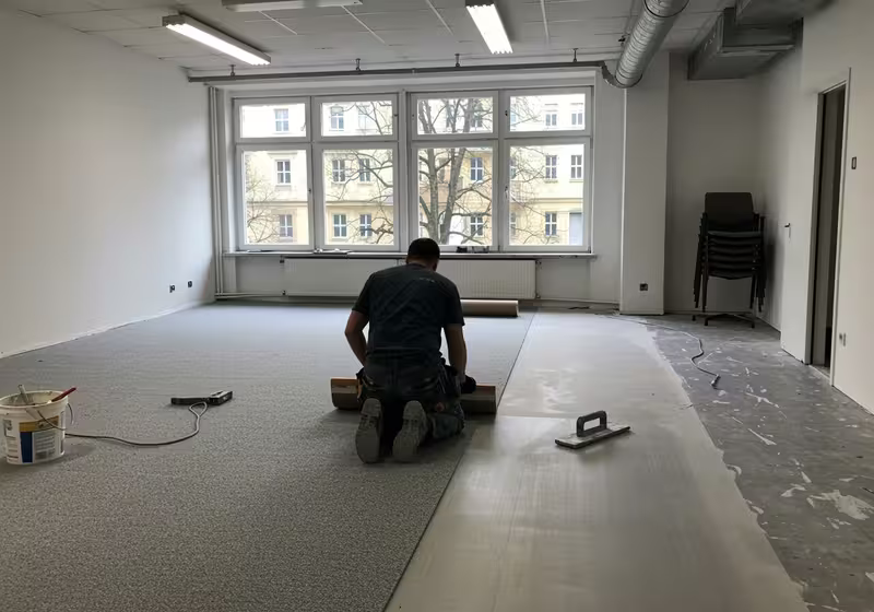 Teppichboden wird in einem Berliner Büro vollflächig verklebt