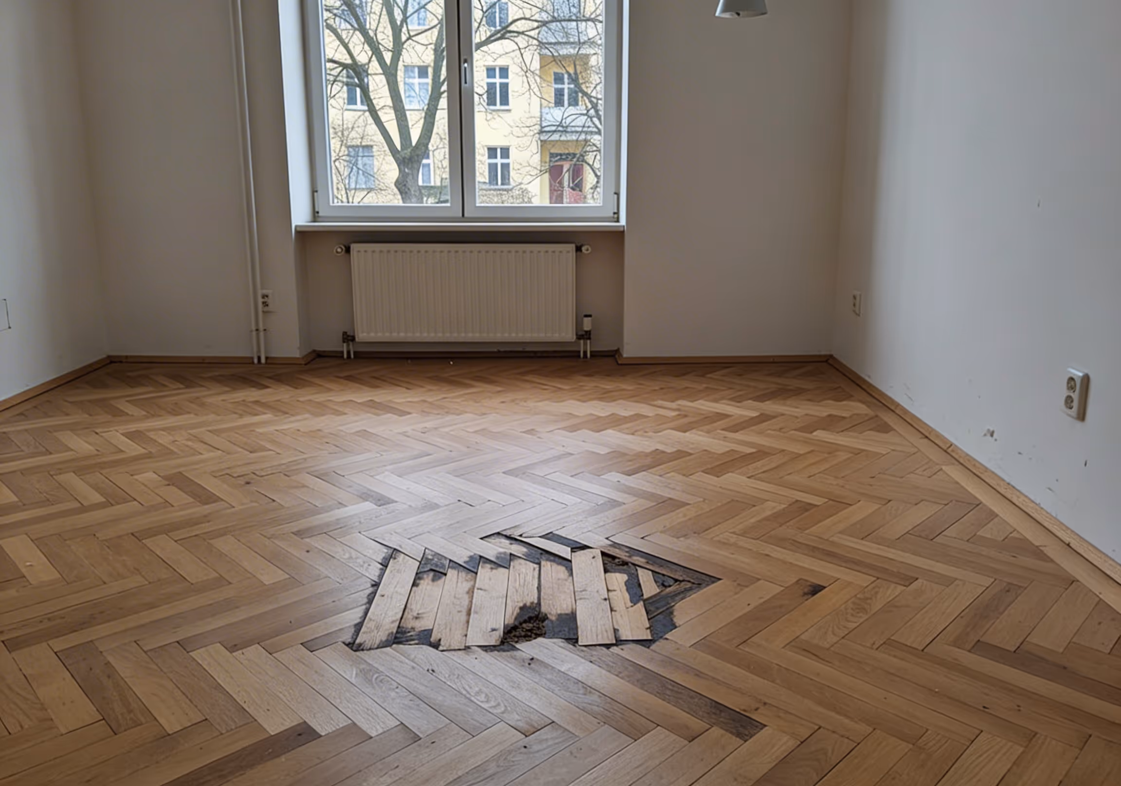 Vorher: Parkettreparatur Wasserschaden Neukölln