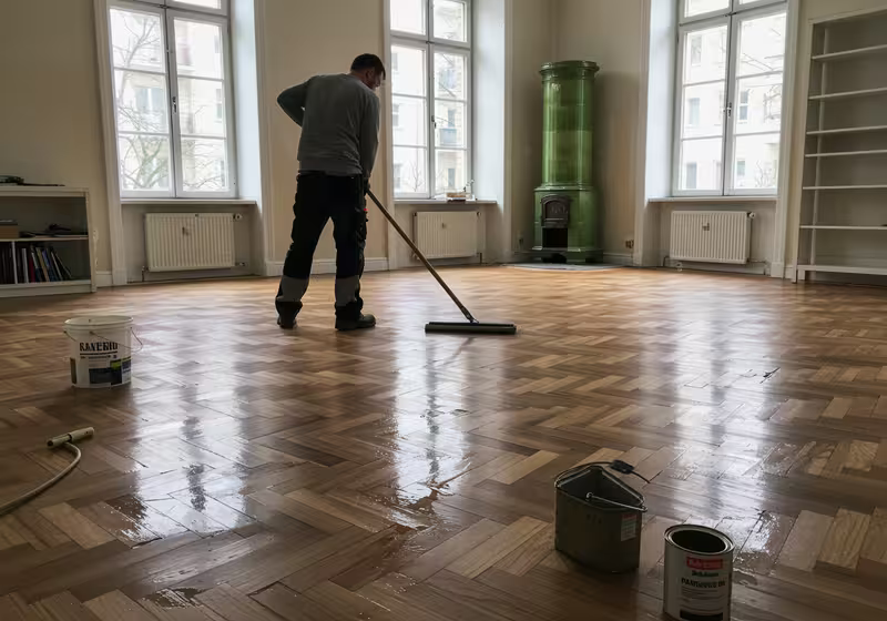 Sorgfältige Abklebearbeiten vor dem Parkett schleifen in Berlin